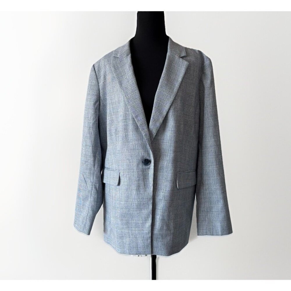 Talbots Blazer Jacket Size 14 Blue Plaid Houndstooth Preppy Career Office Modest